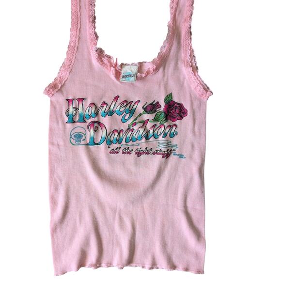 Rare Vintage 90s Y2K HARLEY-DAVIDSON Pink Tank Top Womens Lace Made in USA - Picture 1 of 7